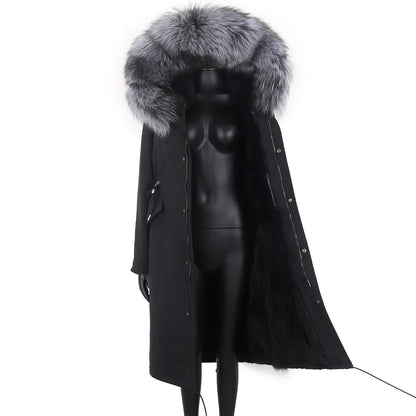 Damen Winterparka Schwarz mit Pelzbesatz Kapuze Lang