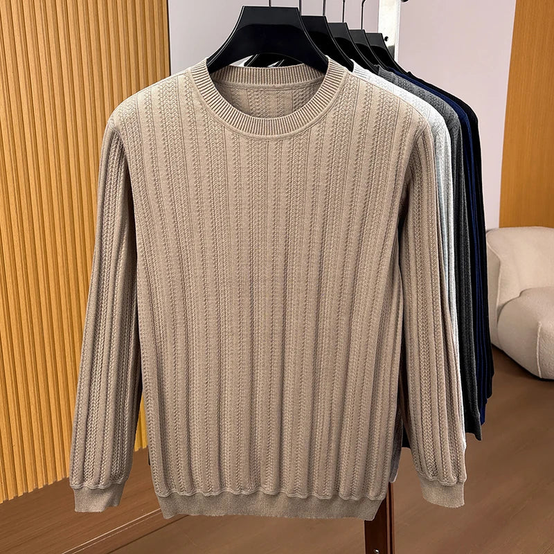 Herren Rundhals Pullover Strickoptik Langarm Shirt Grau