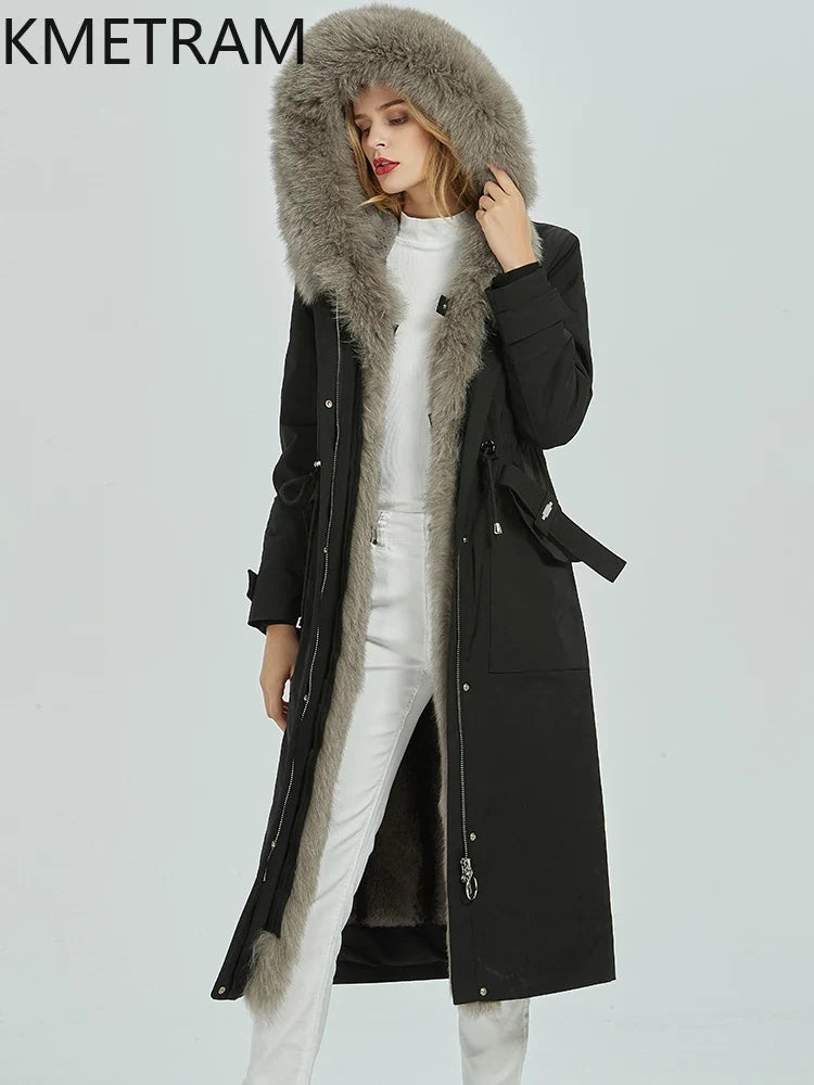 Damen Winterparka lang Schwarz mit Kapuze und Kunstfellbesatz