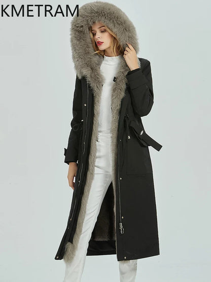 Damen Winterparka lang Schwarz mit Kapuze und Kunstfellbesatz