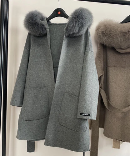 Damen Kurzmantel mit Kapuze und Fellbesatz Bindegürtel & großen Taschen