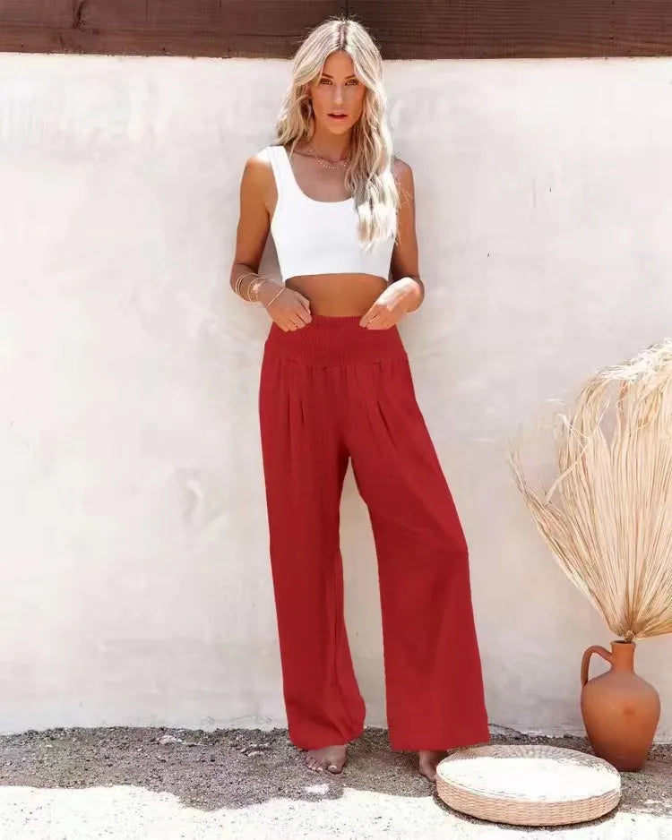 Damen Leinenhose mit weitem Bein und gerafftem Bund, lockere Freizeithose