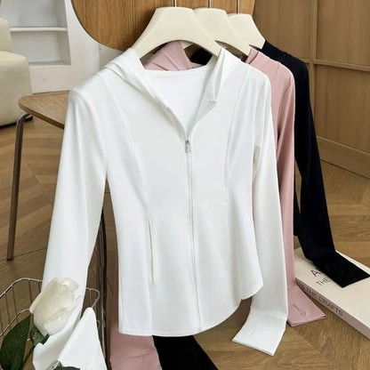 Damen Sportjacke mit Kapuze und Reißverschluss, tailliert, Daumenlöchern, langärmelig, Rosa
