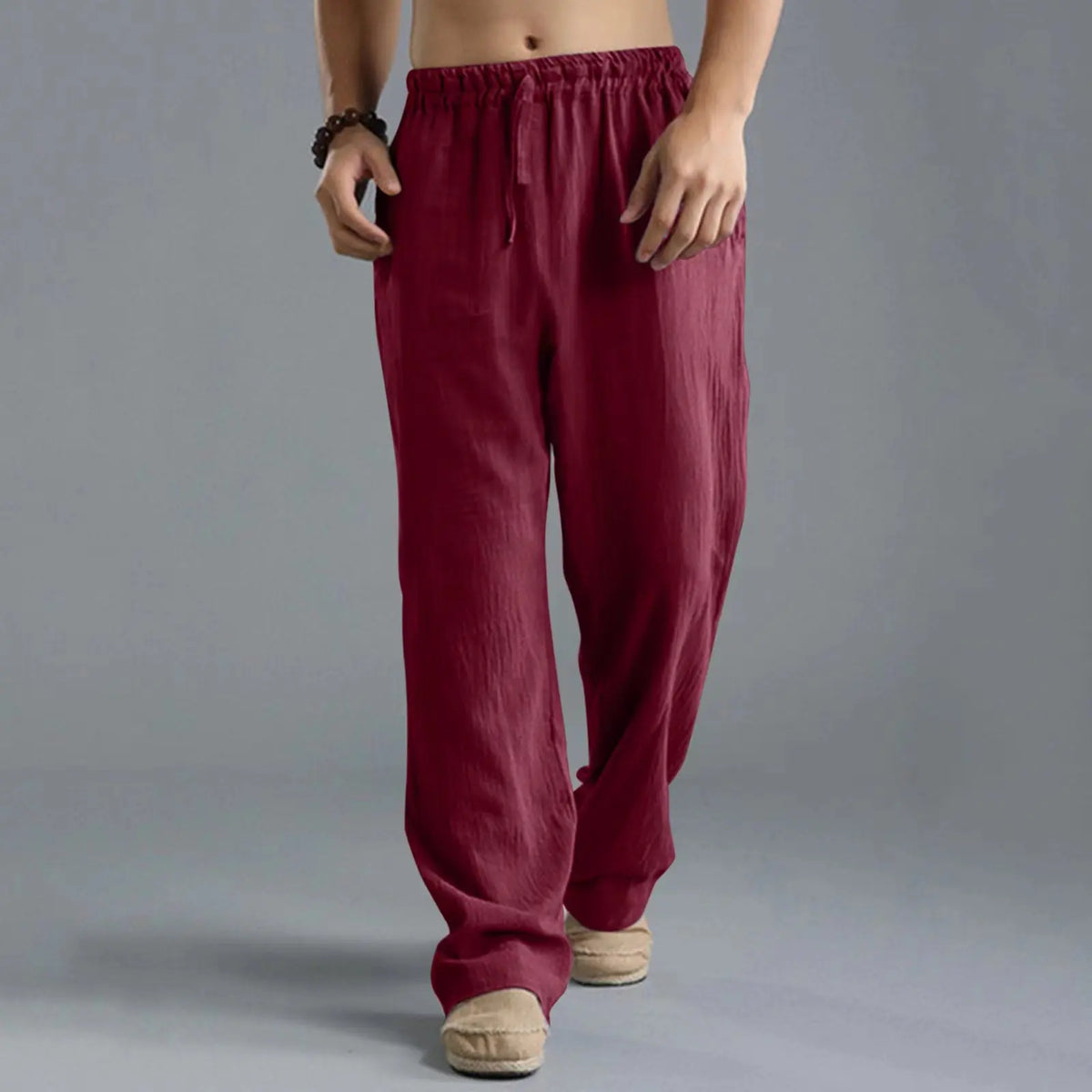 Unisex Leinenhose Weites Bein Beige Elastischer Bund