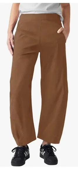 Damen Freizeithose Weites Bein Elastischer Bund Bequeme Stoffhose