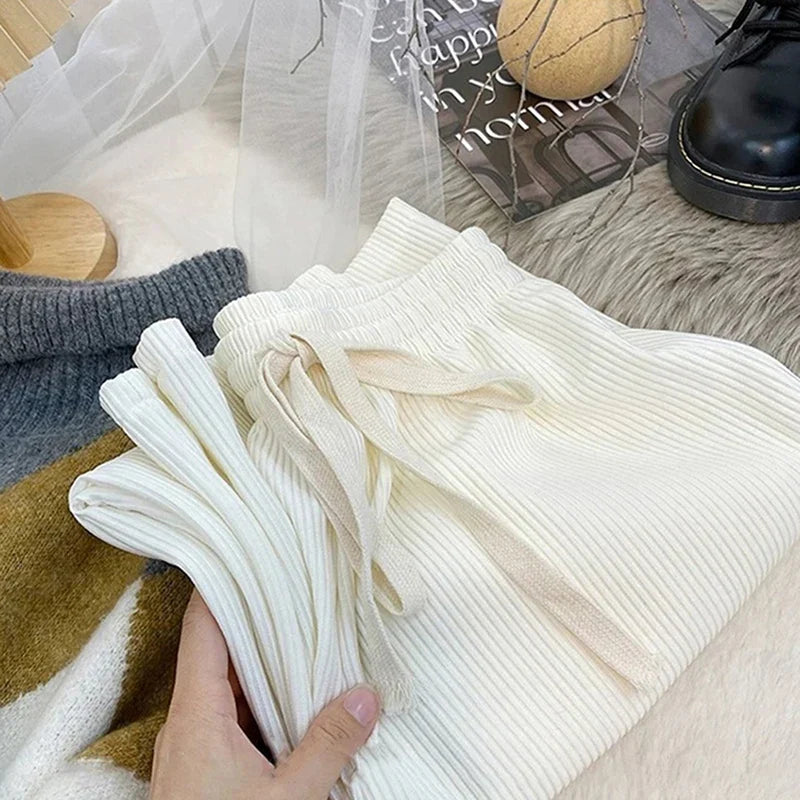 Gerippte Lounge Hose mit Tunnelzug – Weite Bein Freizeithose