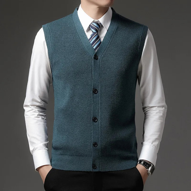 Herren Cardigan Weste V-Ausschnitt Knopfleiste Rippstrick Optik Einfarbig