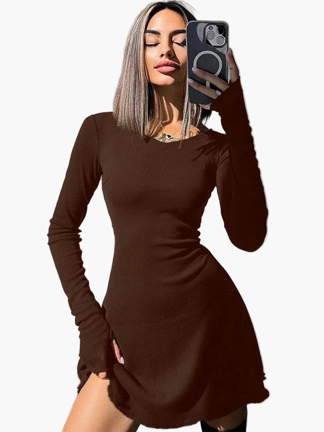 Damen Figurbetontes Stretch-Kleid mit Langarm – Elegantes Freizeit- und Ausgehkleid, Modernes Design