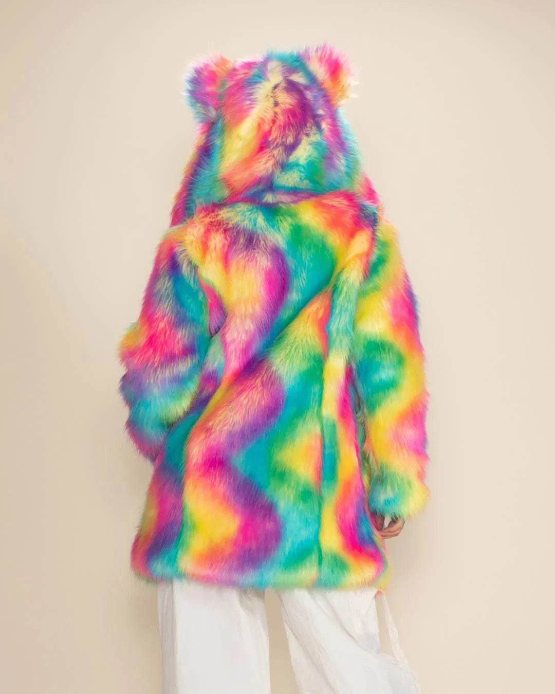 Bunte Kunstfelljacke mit Kapuze und Ohren