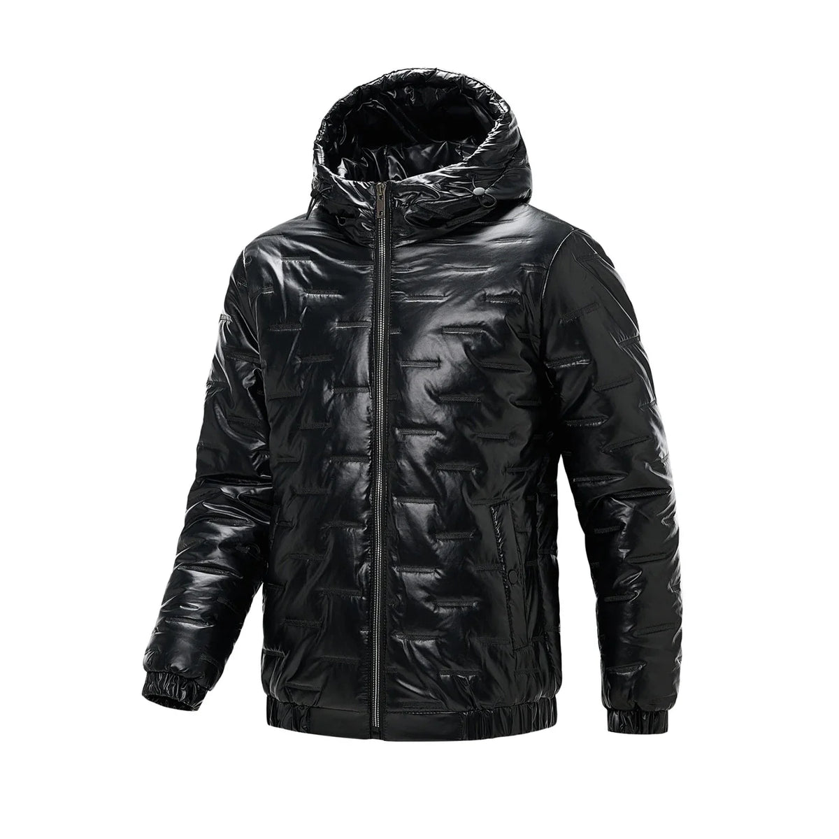 Schwarze glänzende Steppjacke Herren mit Kapuze und Reißverschluss