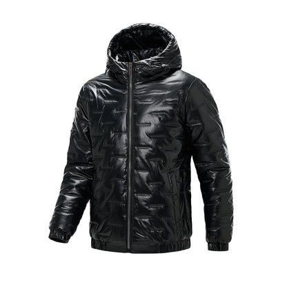 Schwarze glänzende Steppjacke Herren mit Kapuze und Reißverschluss
