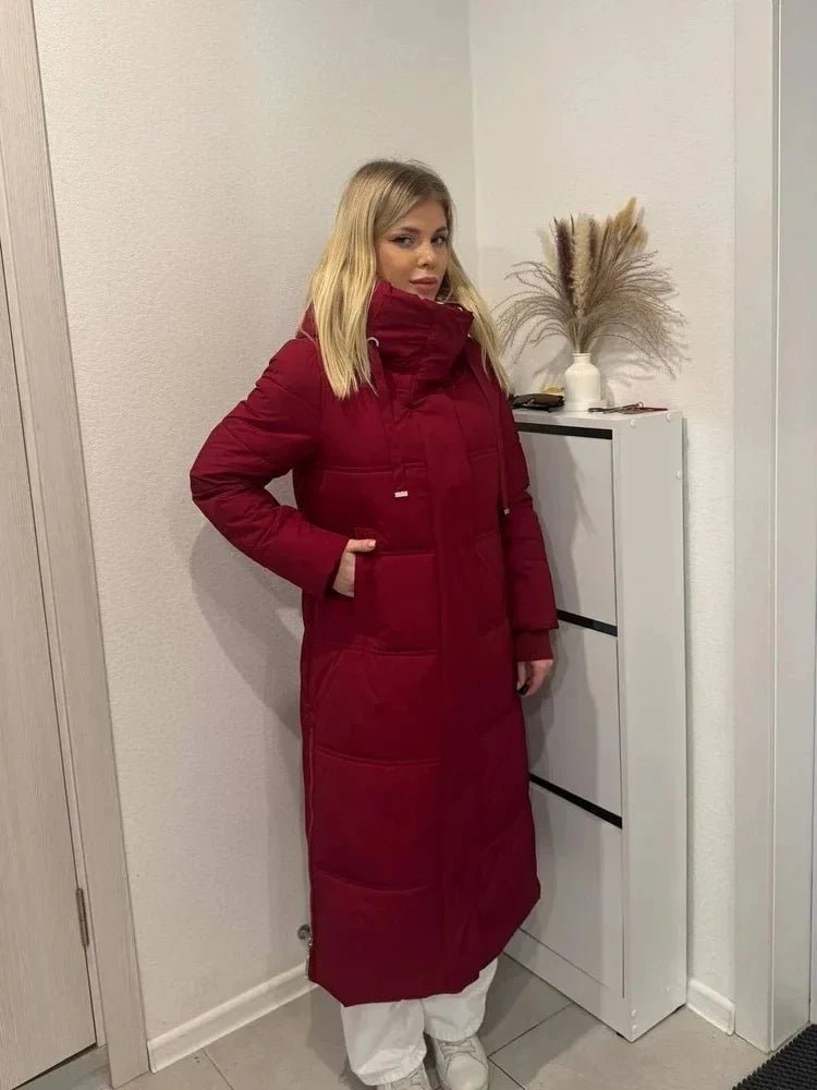 Damen Long Puffer Mantel mit Kapuze und Reißverschluss Rot