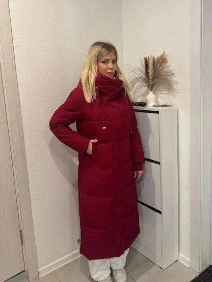Damen Long Puffer Mantel mit Kapuze und Reißverschluss Rot