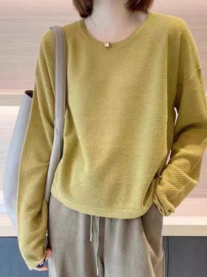 Damen Langarmshirt Rundhals Strukturmuster Lockerer Schnitt
