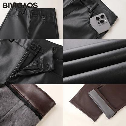 Damen Kunstlederhose Weites Bein Hoher Bund