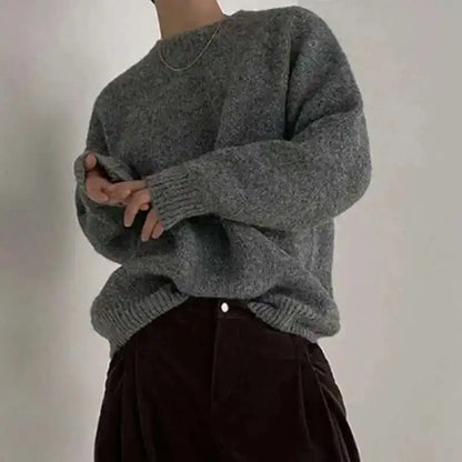Grauer Strickpullover Rundhals für Herren, Langarm, Grobstrick