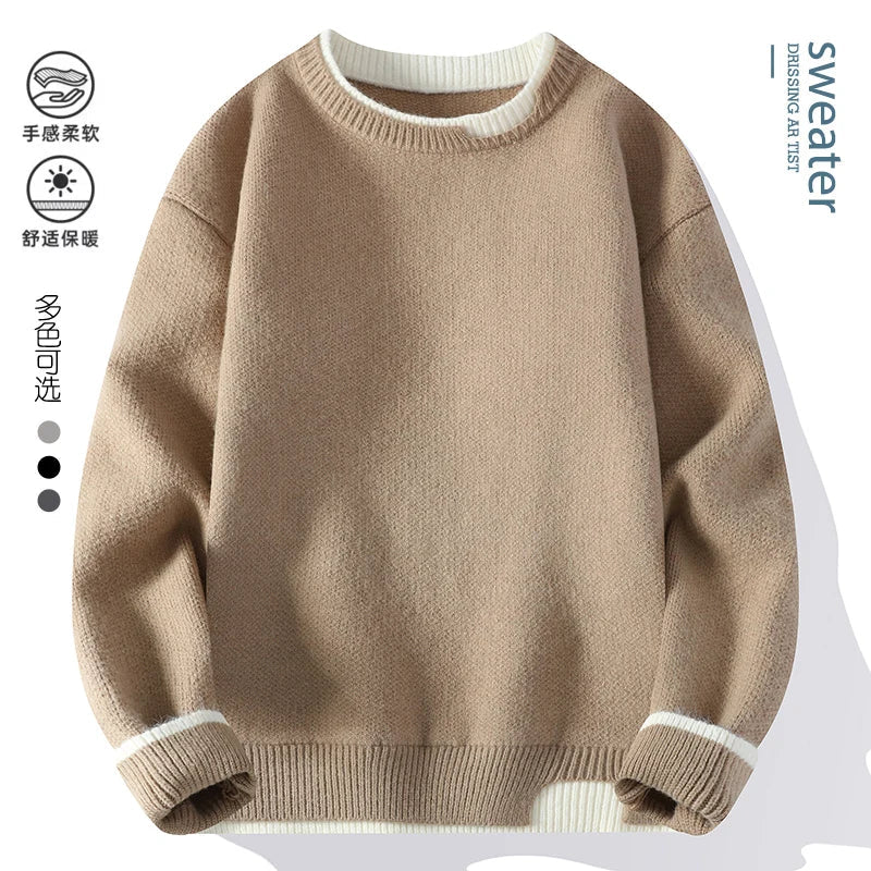 Unisex Strickpullover Rundhals mit zweifarbigen Rippbündchen Rosa