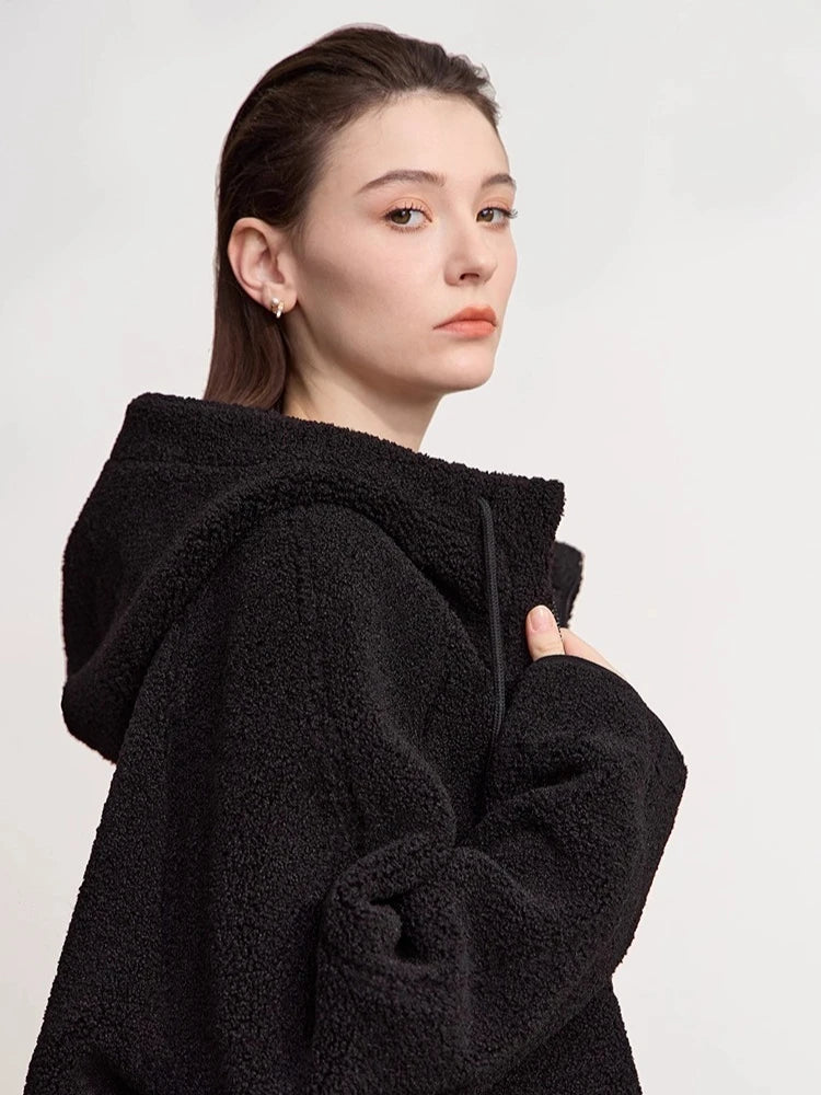 Damen Kapuzenjacke Kurz mit Reißverschluss Teddyfleece Futter