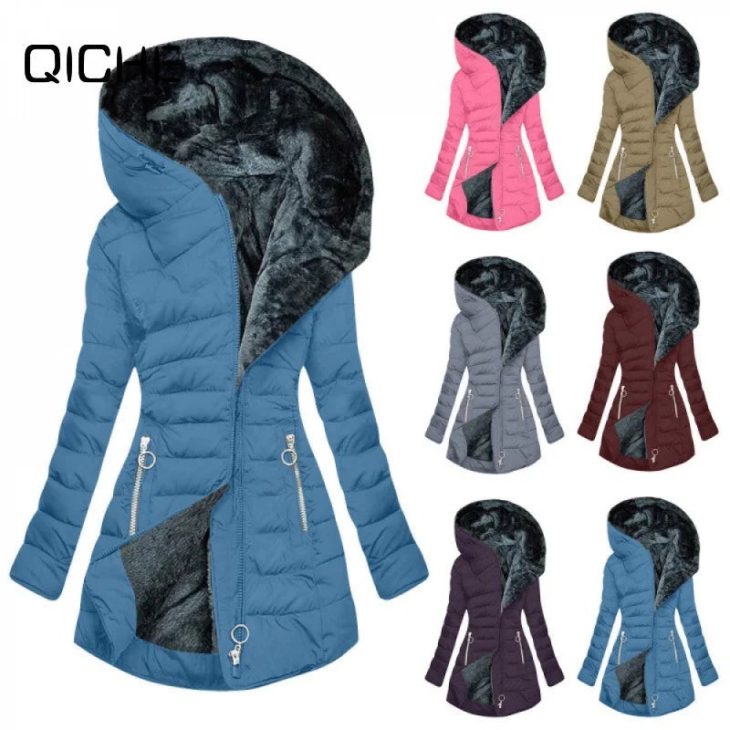 Damen Steppjacke mit Kapuze und Plüschfutter - Warme Winterjacke