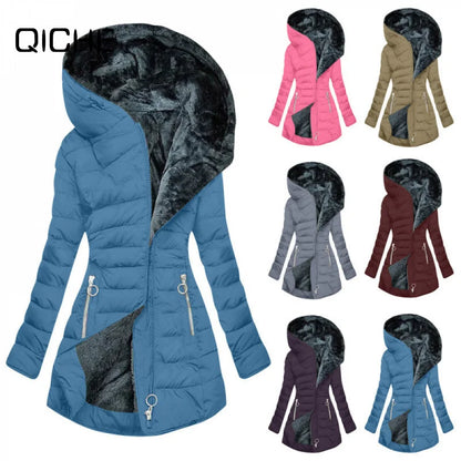 Damen Steppjacke mit Kapuze und Plüschfutter - Warme Winterjacke