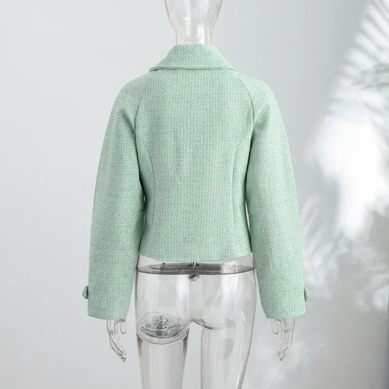 Damen Kurzjacke mintgrün mit Reißverschluss Kragen Tweed-Optik