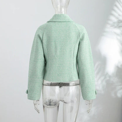 Damen Kurzjacke mintgrün mit Reißverschluss Kragen Tweed-Optik