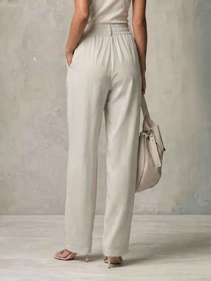 Damen Stoffhose Beige mit hohem Bund und Bundfalten