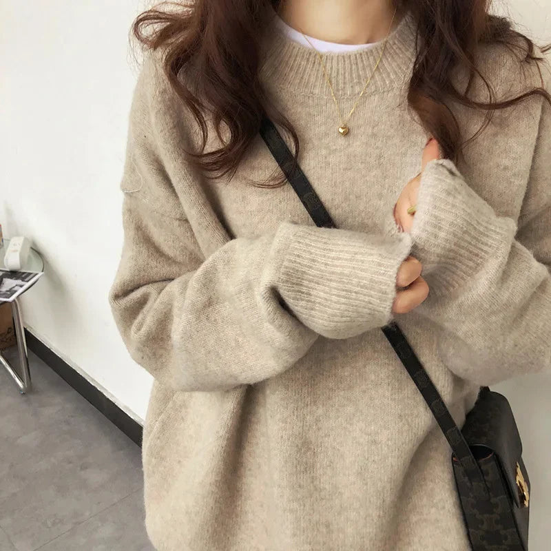Damen Oversize Retro Strickpullover – Lässiger Herbst Winter Basic Sweater für Alltag & Freizeit