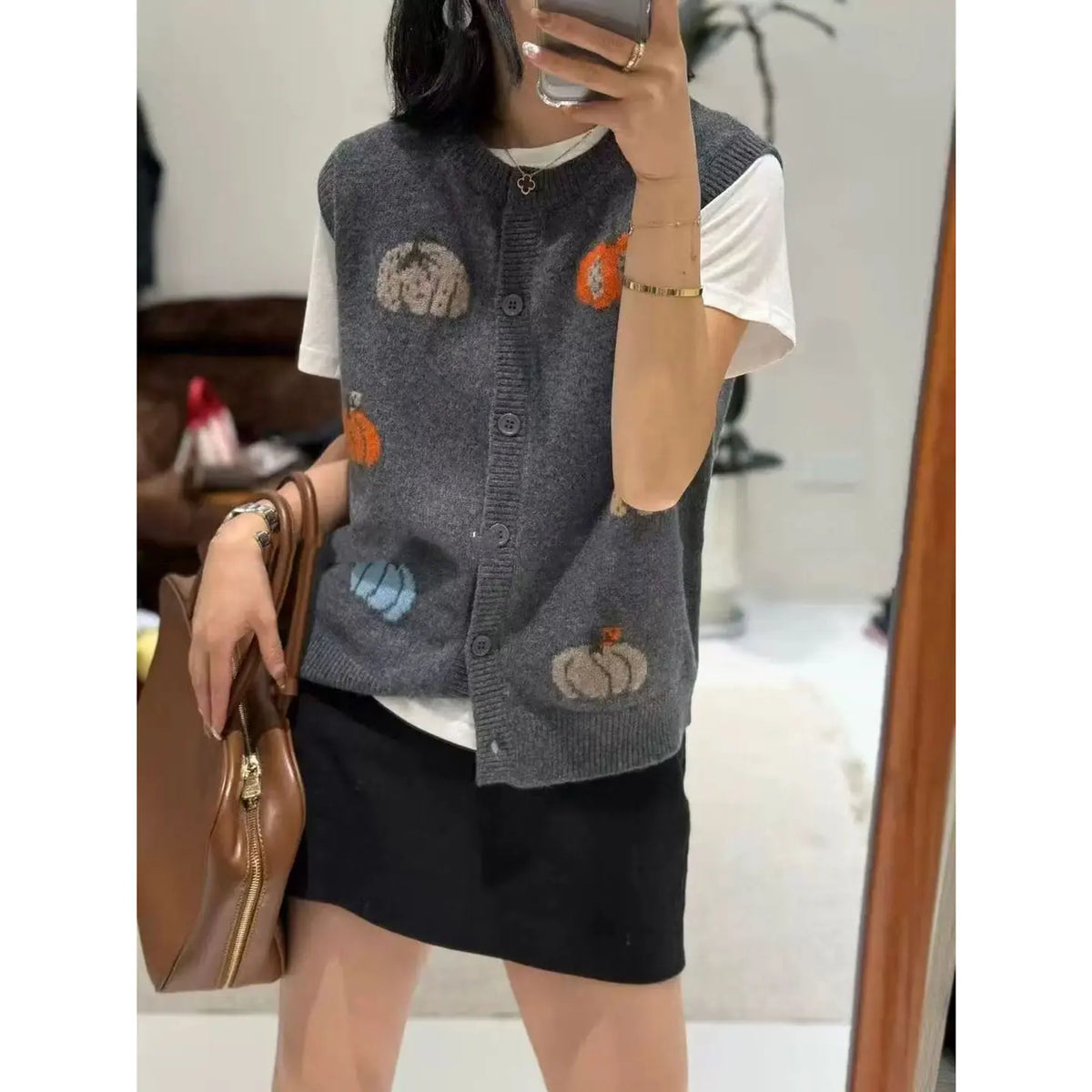 Damen Strickweste mit Kürbis-Motiv, Rundhals, ärmellos