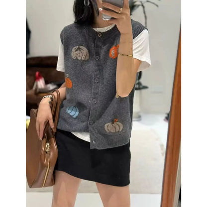 Damen Strickweste mit Kürbis-Motiv, Rundhals, ärmellos