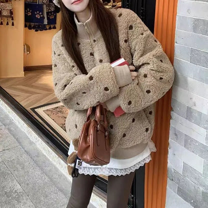 Damen Teddy Fleece Jacke Punkte Stehkragen Reißverschluss Beige