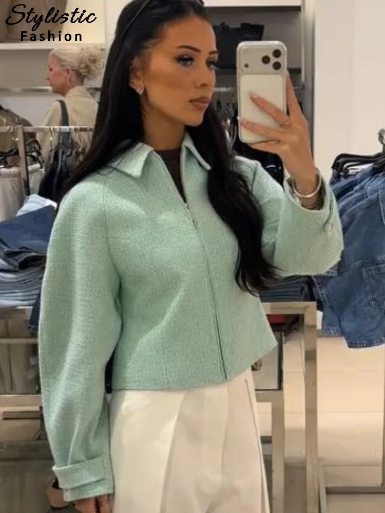 Damen Kurzjacke mit Reißverschluss – Mintgrün Struktur-Optik