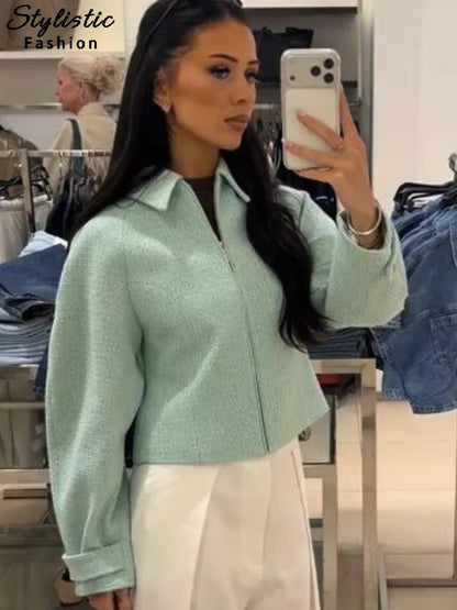 Damen Kurzjacke mit Reißverschluss – Mintgrün Struktur-Optik