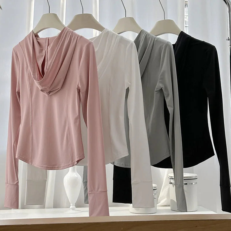 Damen Sportjacke mit Kapuze und Reißverschluss, tailliert, Daumenlöchern, langärmelig, Rosa