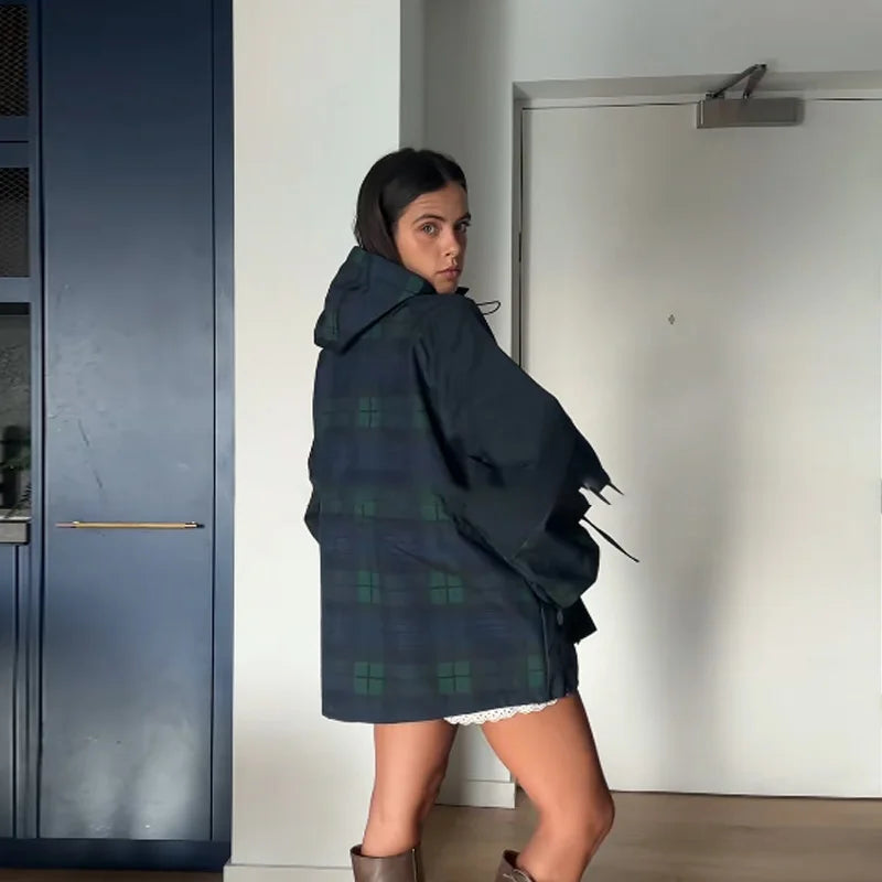 Damen Überwurfjacke kariert mit Kapuze