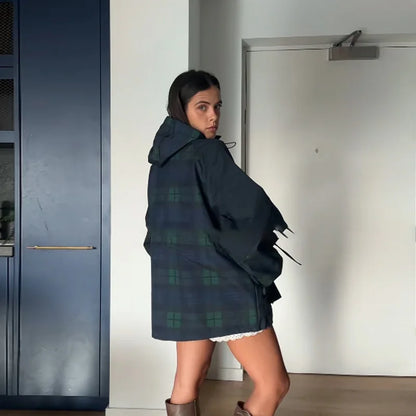 Damen Überwurfjacke kariert mit Kapuze