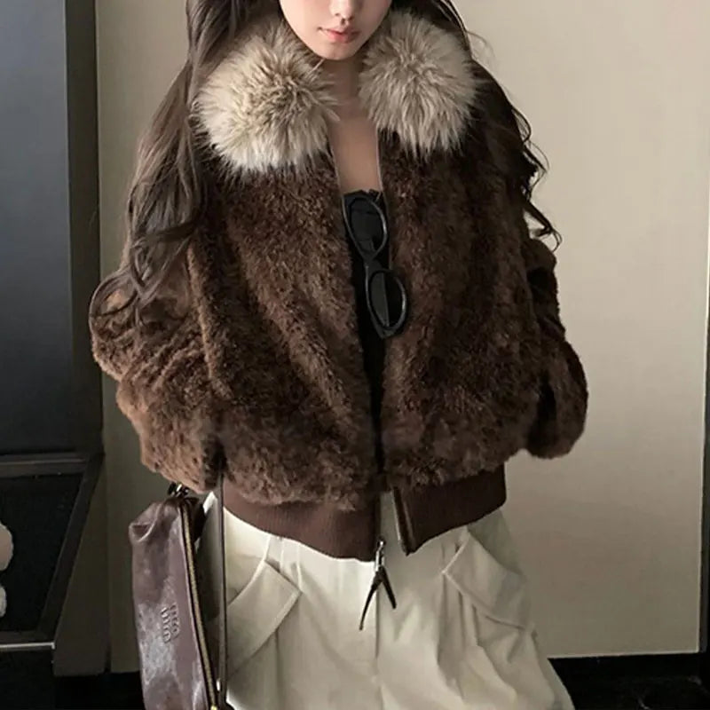 Damen Jacke mit Plüschkragen Reißverschluss Teddy-Optik Braun