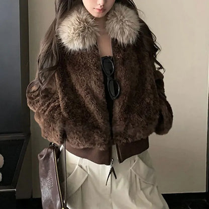 Damen Jacke mit Plüschkragen Reißverschluss Teddy-Optik Braun