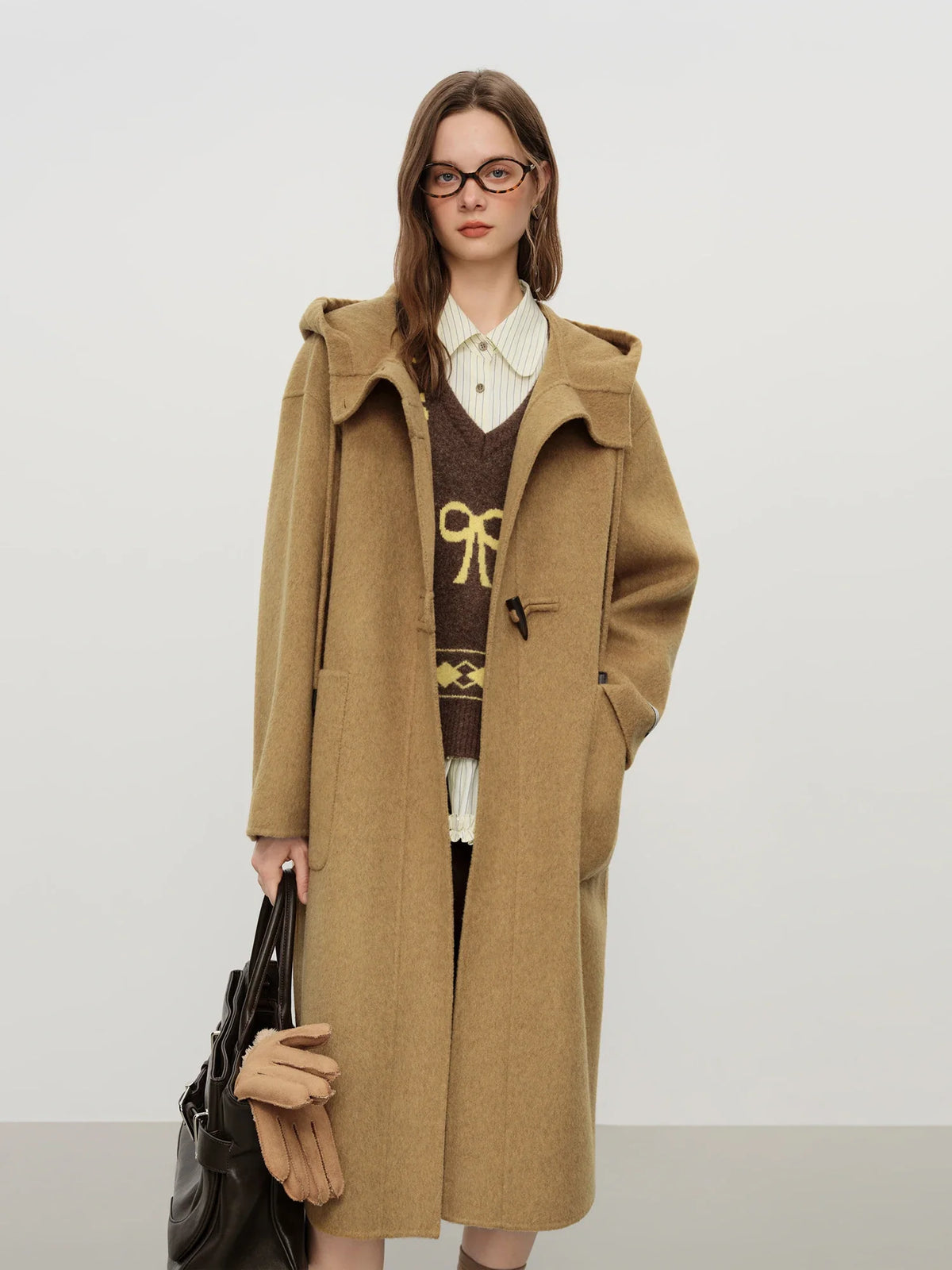 Damen Dufflecoat Langer Wintermantel mit Kapuze und Knebelverschlüssen