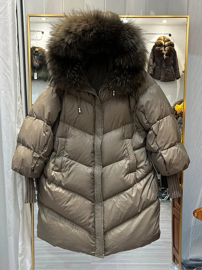 Damen Steppmantel mit Kapuze und Fellimitatbesatz, Warm Gefütterter Winterparka