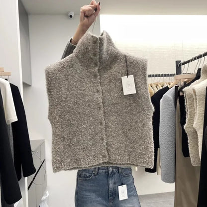 Damen Ärmellose Strickweste mit Stehkragen Bouclé-Optik
