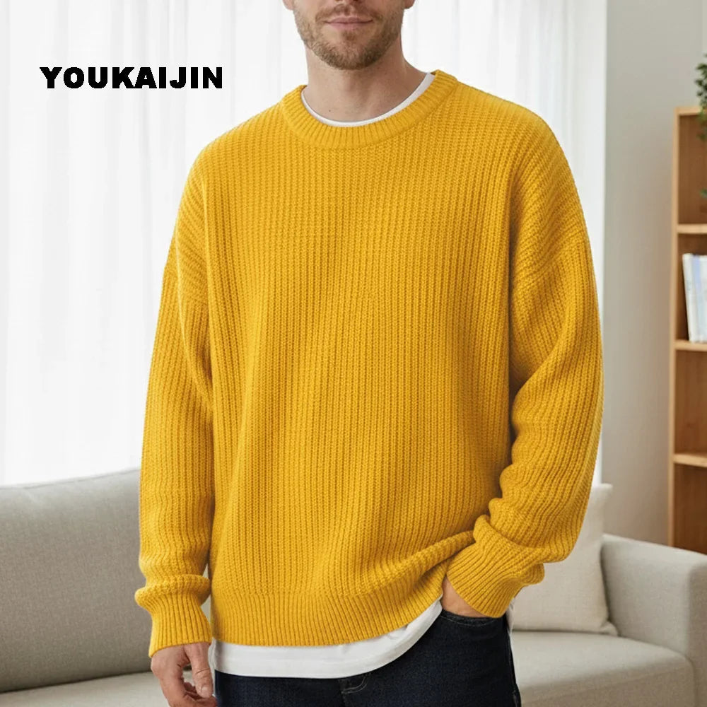 Herren Strickpullover Rundhals Weit Geschnitten Gerippte Bündchen