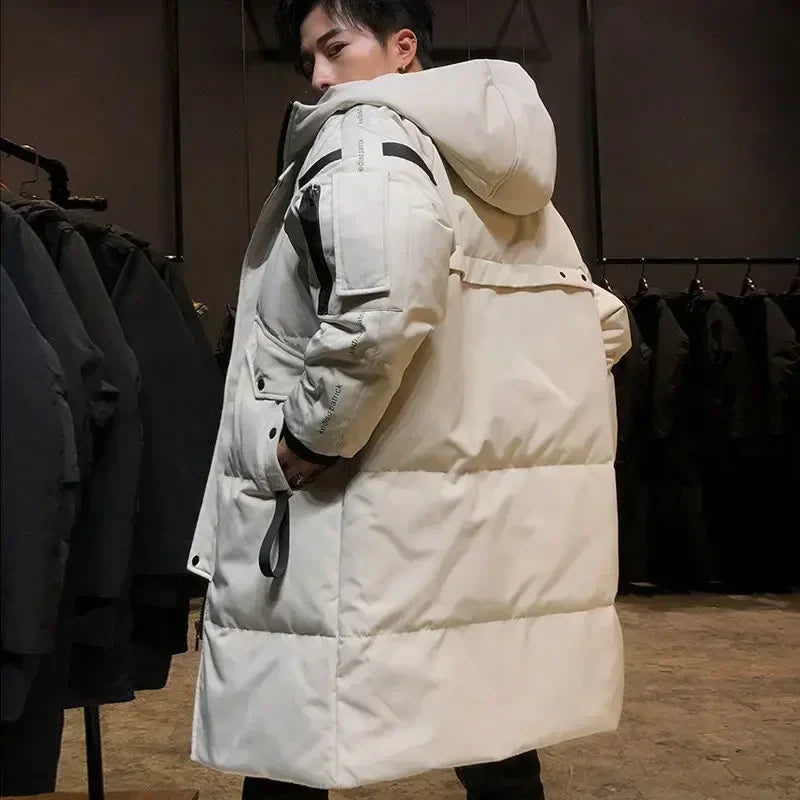 Herren Winter Steppmantel Lang mit Kapuze und Reißverschluss