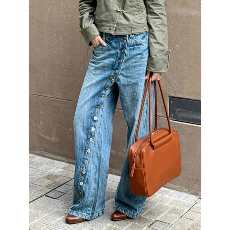 Jeans Damen Weite Beine Hoher Bund Knopfleiste Blau Weit Geschnitten