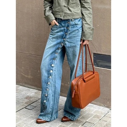 Jeans Damen Weite Beine Hoher Bund Knopfleiste Blau Weit Geschnitten