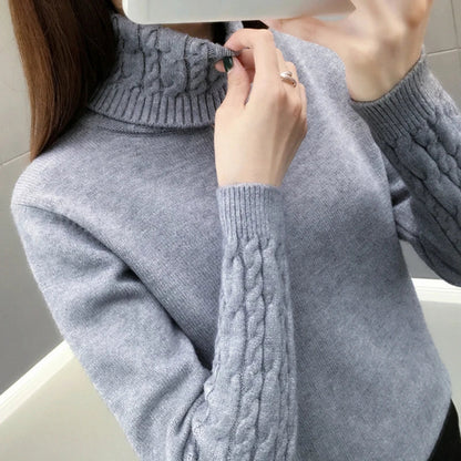 Damen Rollkragenpullover mit Zopfmuster Ärmeln und Hals - warmer Strickpullover