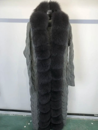 Damen Strickmantel Lang mit Kunstfellbesatz Zopfmuster Kapuze Winter