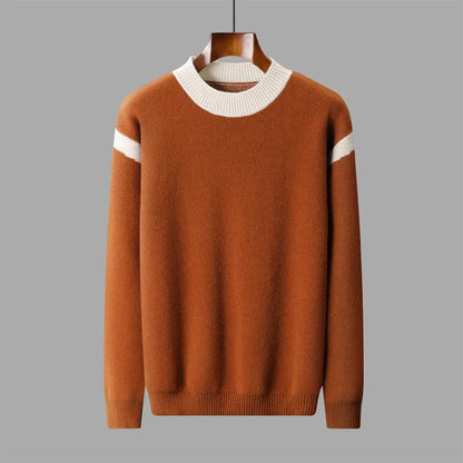 Herren Pullover Strick Rundhals Karamellbraun mit weißen Streifen