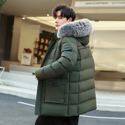 Herren Winterparka mit Kapuze Kunstfellbesatz Steppjacke Lang Warme Outdoormantel