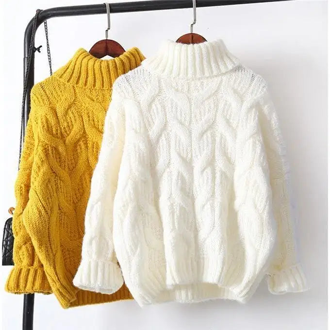 Damen Rollkragenpullover Gelb Strick Zopfmuster Oversized